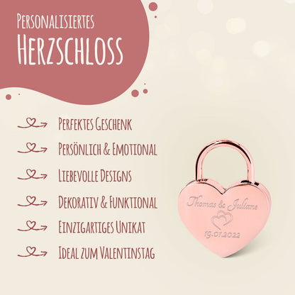 Herzschloss in Rosegold mit Gravur
