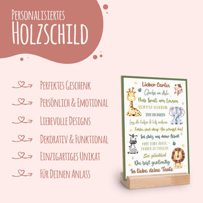 Holzschild zur Einschulung - Tiergruppe Safari - Einschulungsmutmacher