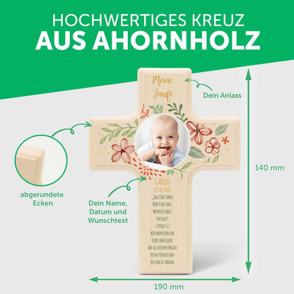 Personalisierbares Holzkreuz zur Taufe Konfirmation oder Kommunion - Mit eigenem Foto - Blumenkranz