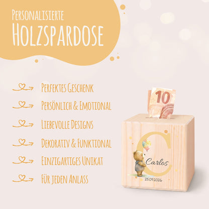 Spardose aus Holz - Initialen Tiermotive