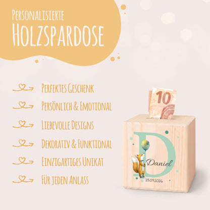 Spardose aus Holz - Initialen Tiermotive