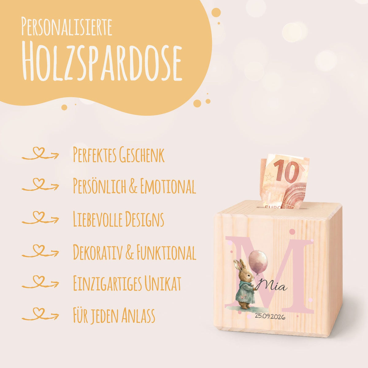 Spardose aus Holz - Initialen Tiermotive