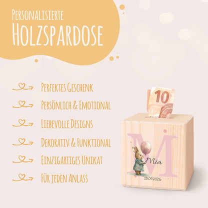 Spardose aus Holz - Initialen Tiermotive
