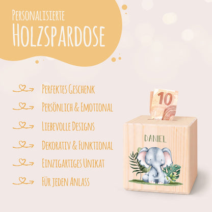 Spardose aus Holz - Tiergruppe Safari