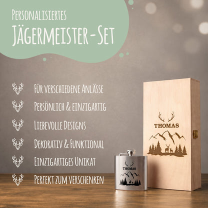 Flachmann aus Edelstahl Geschenkset - personalisiert mit Jägermeister im Set