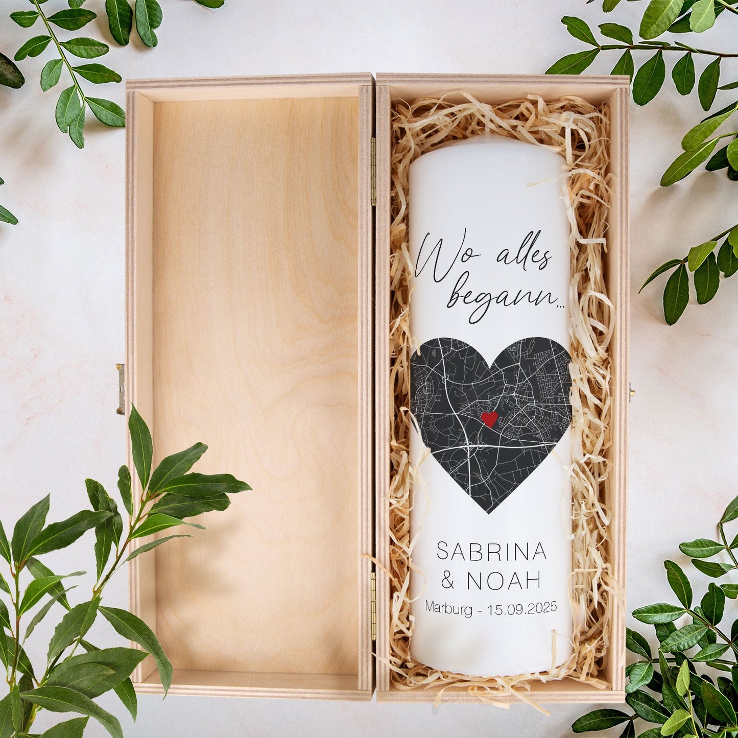Große Kerze "Wo alles begann" - Personalisiertes Geschenk mit Namen, Datum, Ort & Wunschtext
