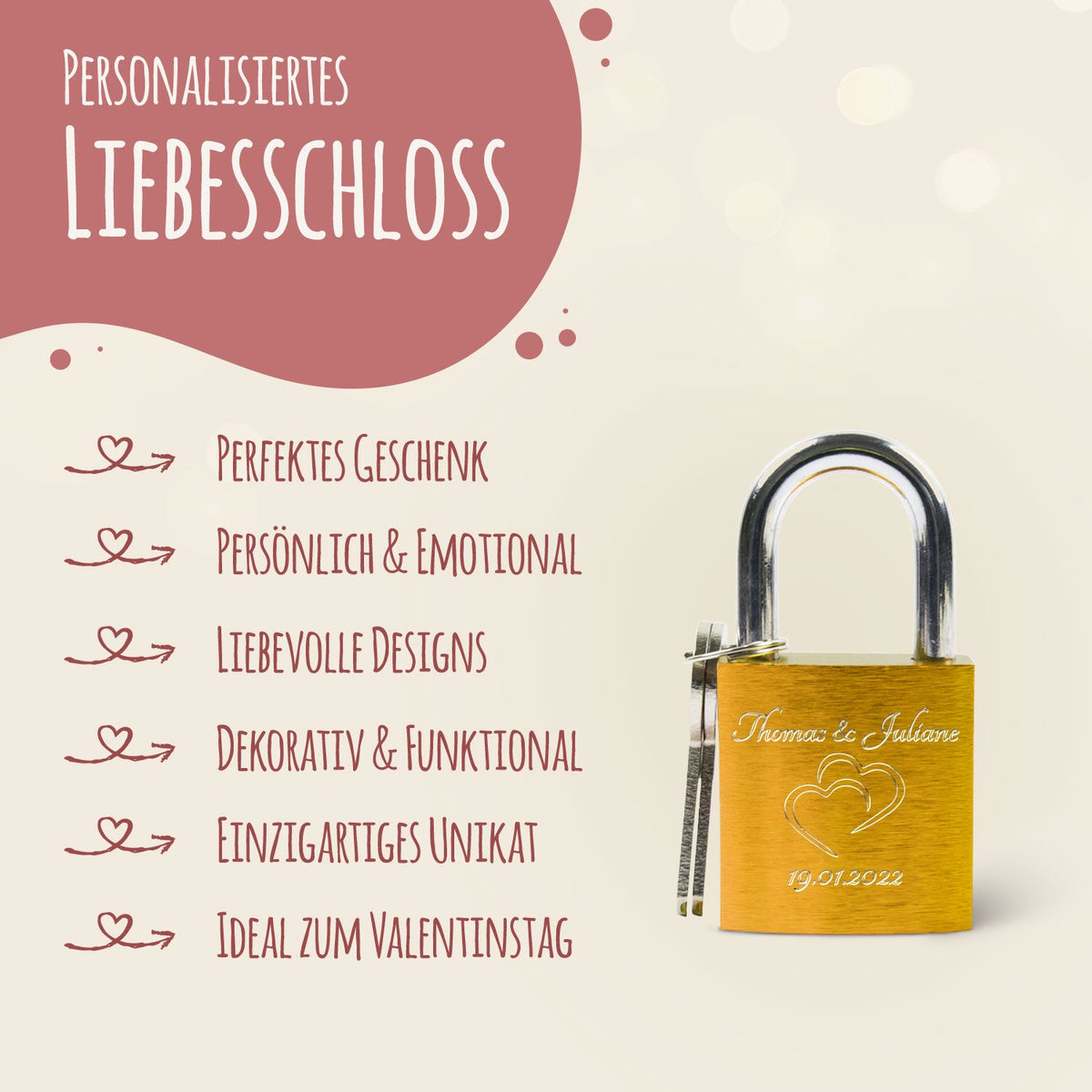 Liebesschloss in Gelb mit Gravur