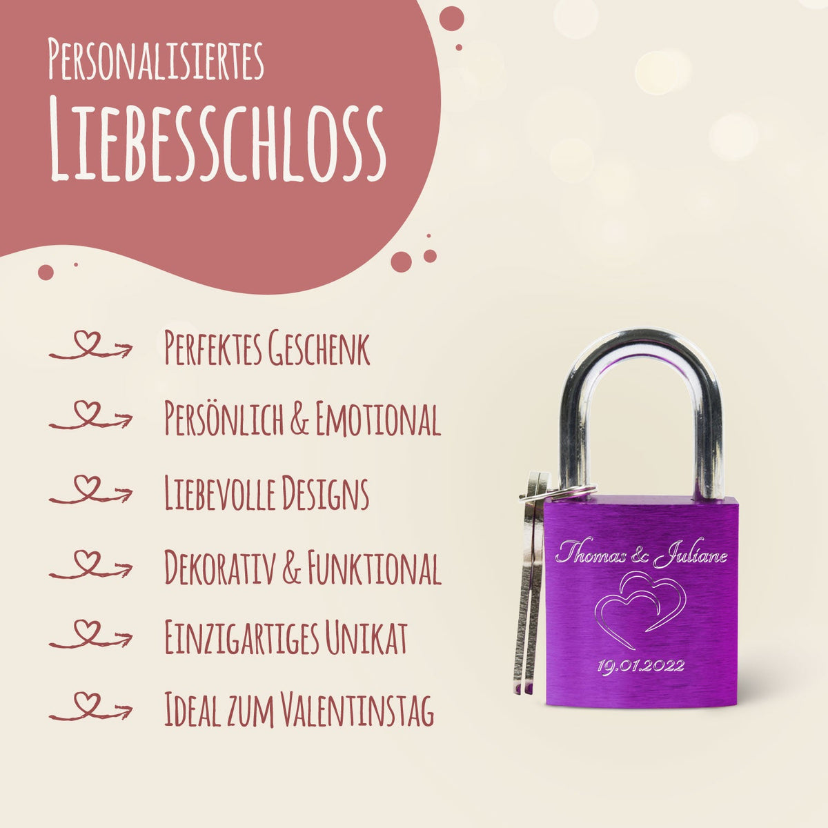 Liebesschloss in Lila mit Gravur