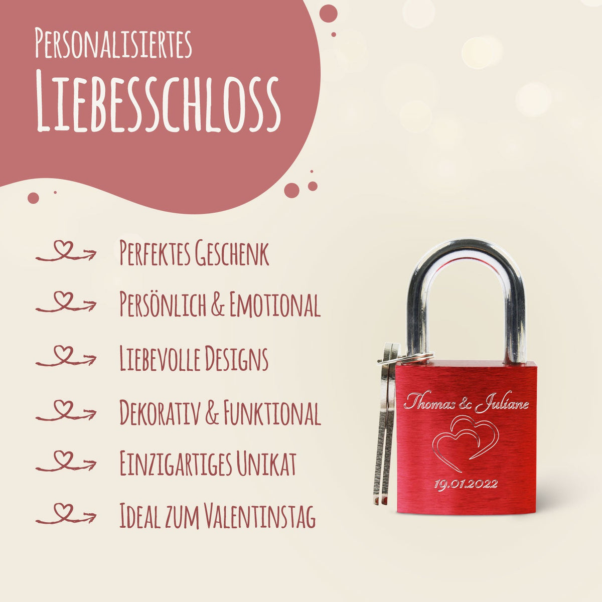 Liebesschloss in Rot mit Gravur