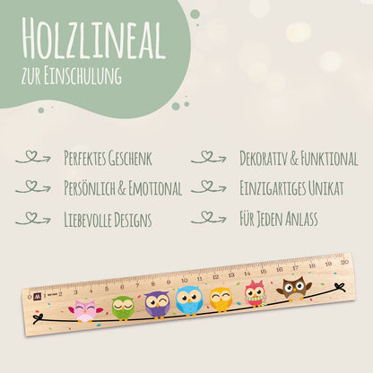 Lineal zur Einschulung im Eulen Design für Kinder aus Holz