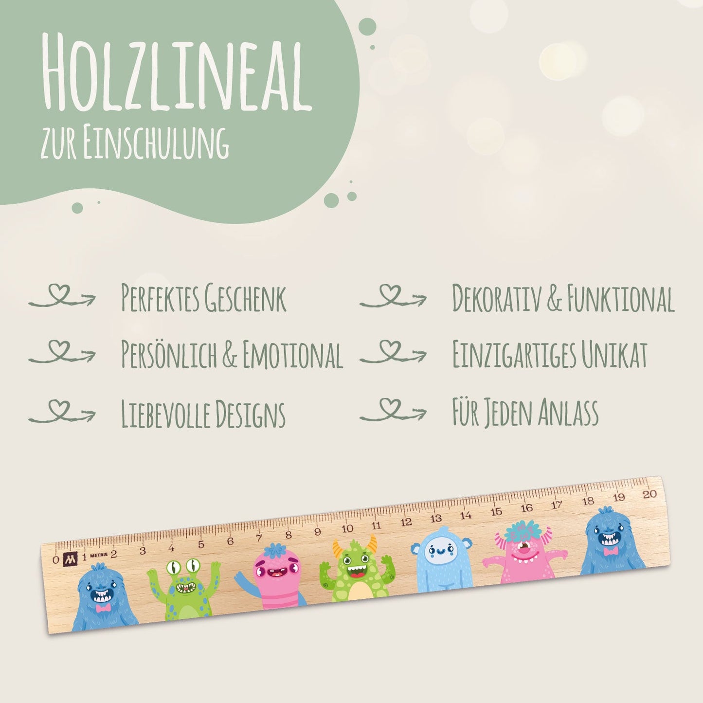 Lineal zur Einschulung im Monster Design für Kinder aus Holz