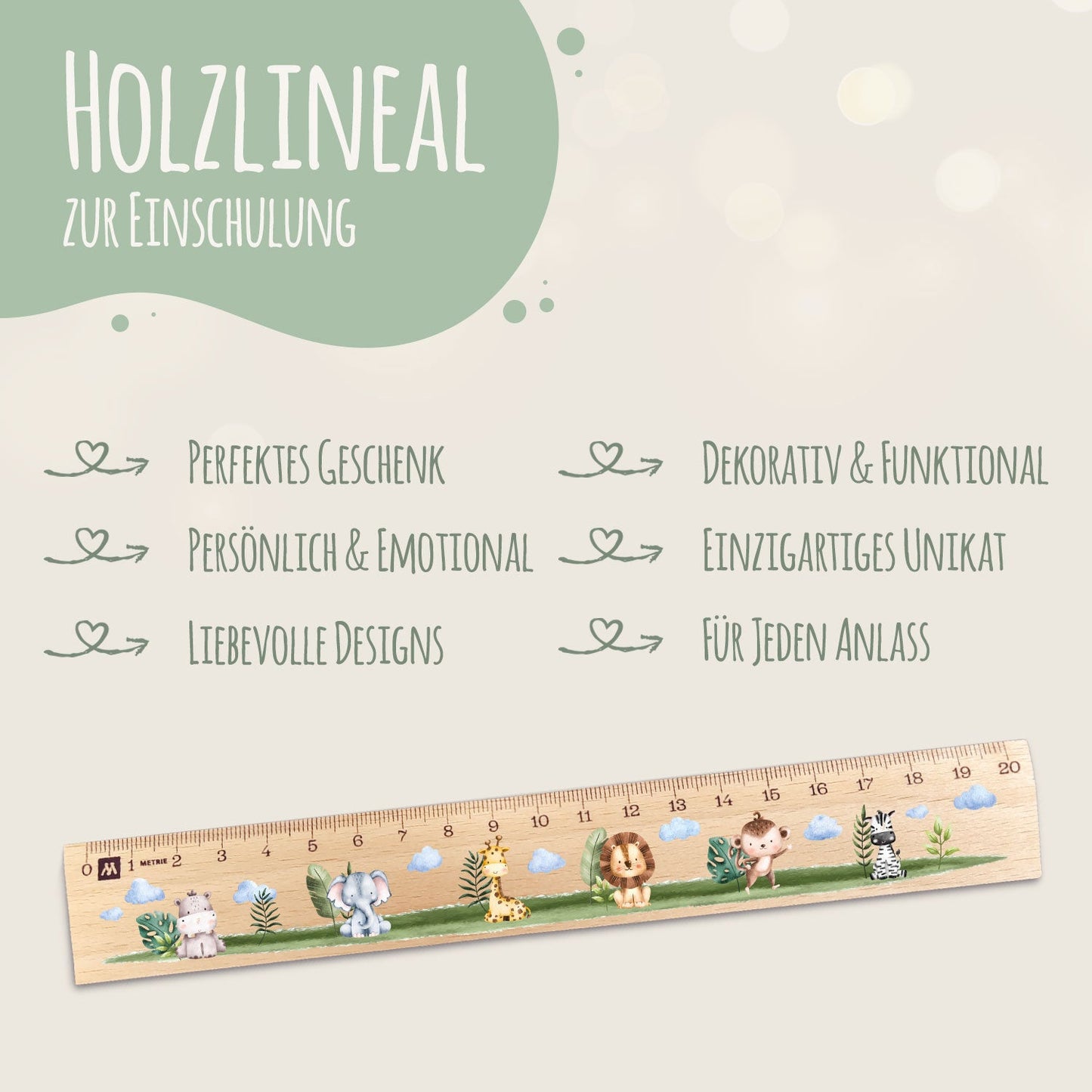 Lineal zur Einschulung im Tiere Design für Kinder aus Holz