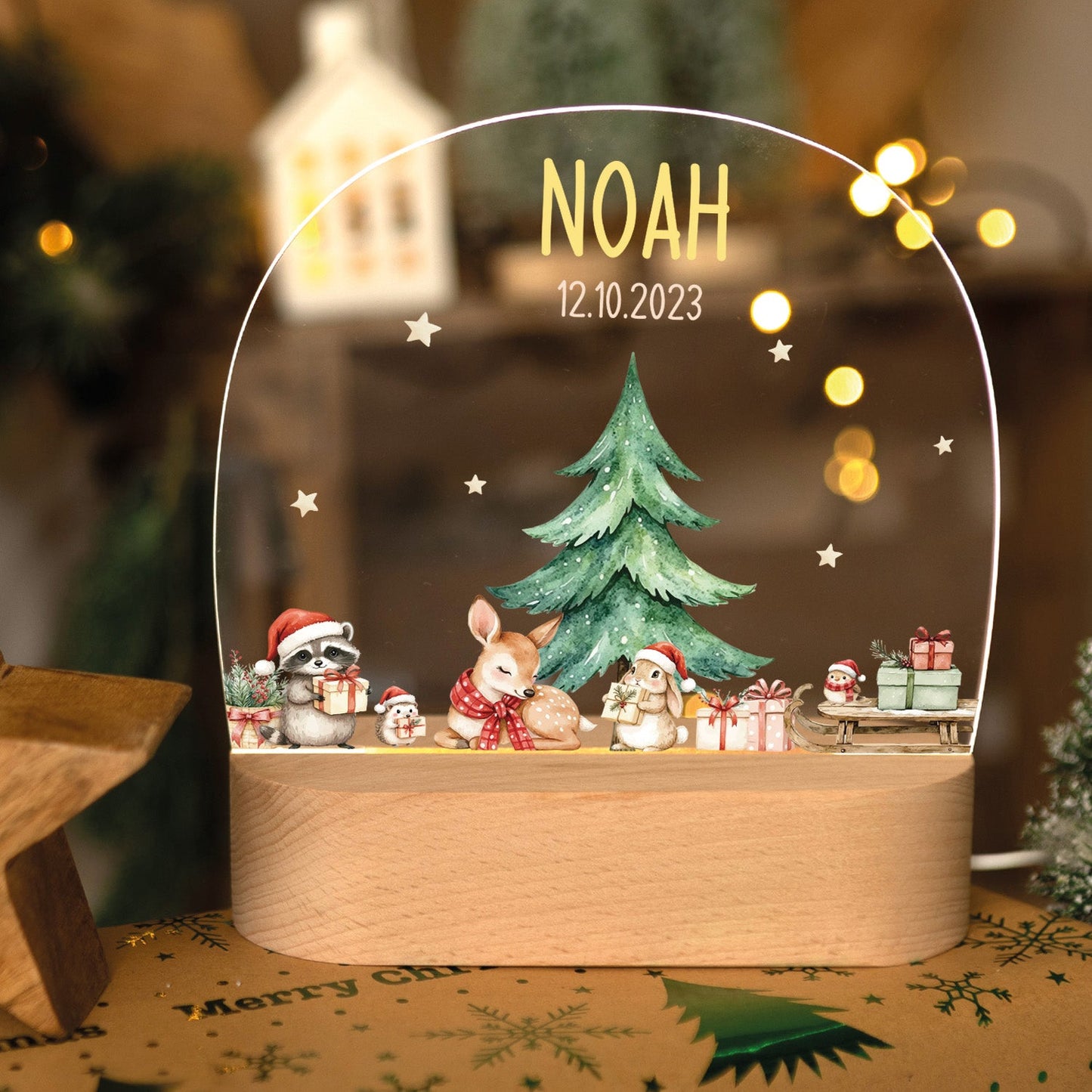 Kinder LED Nachtlicht mit Sockel aus Holz - "Geschenktiere"