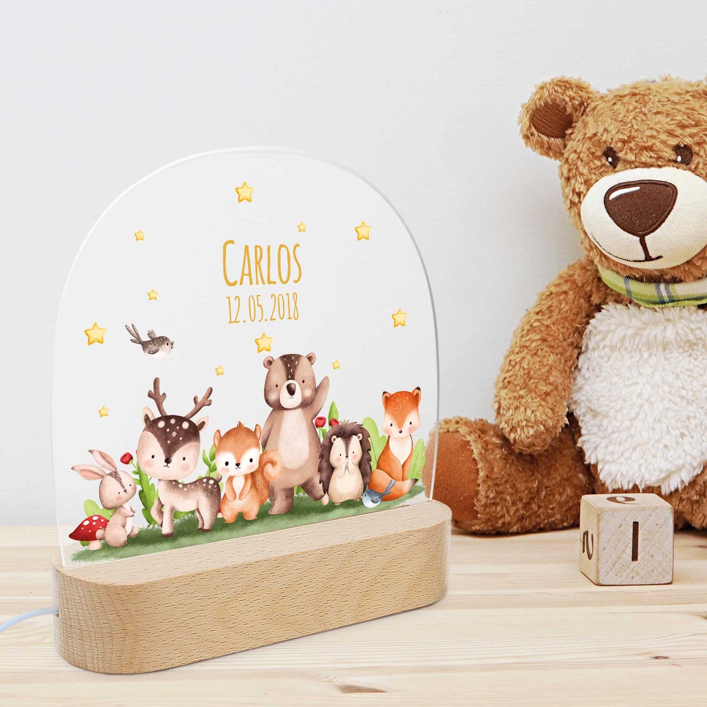 Kinder LED Nachtlicht mit Sockel aus Holz - "Tiergruppe Waldtiere"