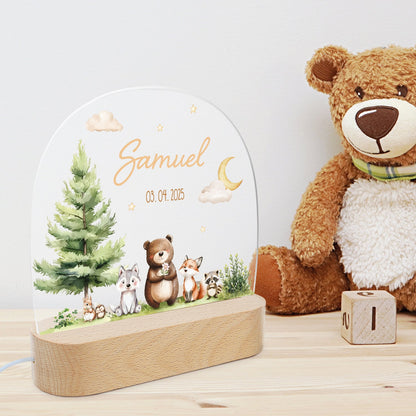 Kinder LED Nachtlicht mit Sockel aus Holz - "Waldfreunde"