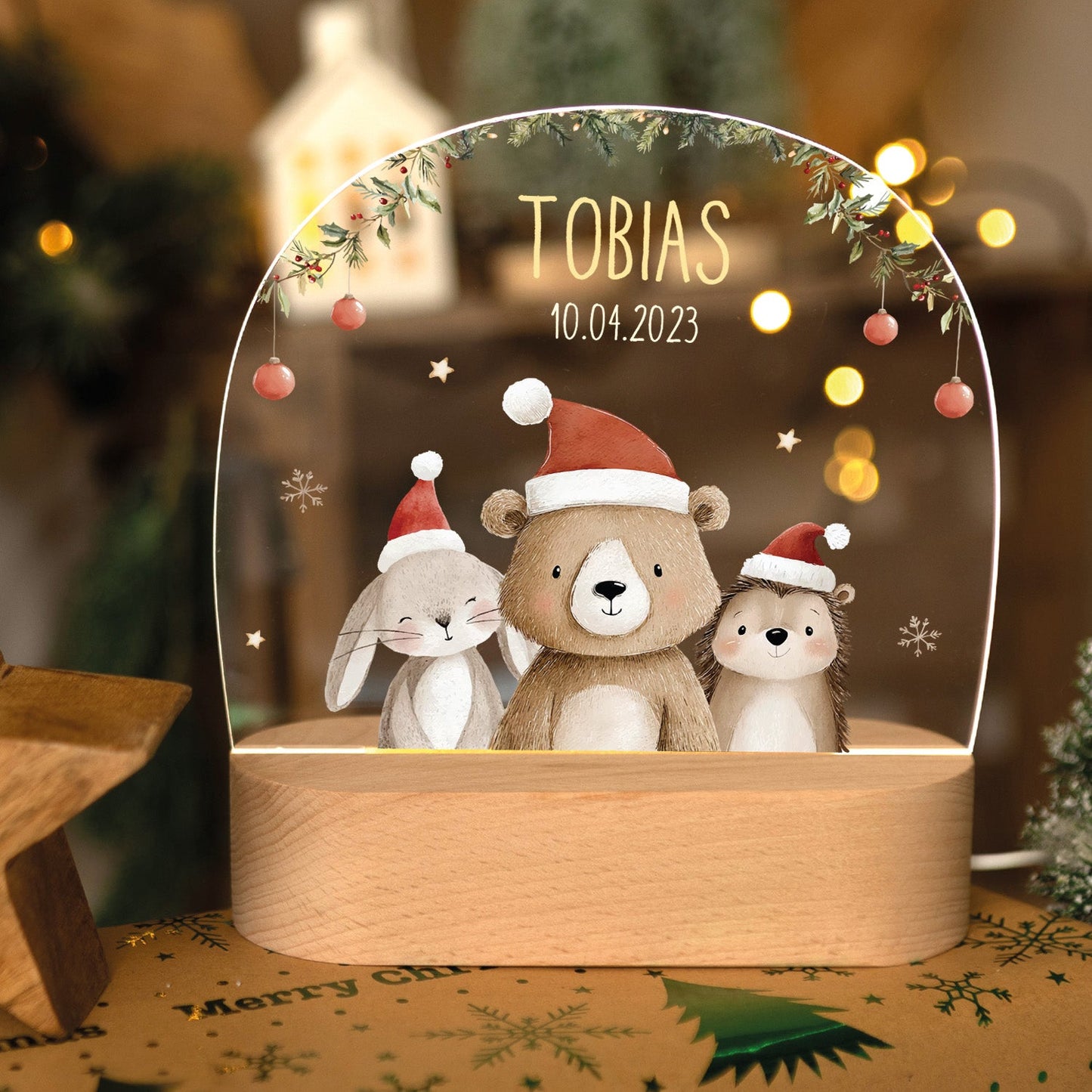 Kinder LED Nachtlicht mit Sockel aus Holz - "Weihnachtstrio"