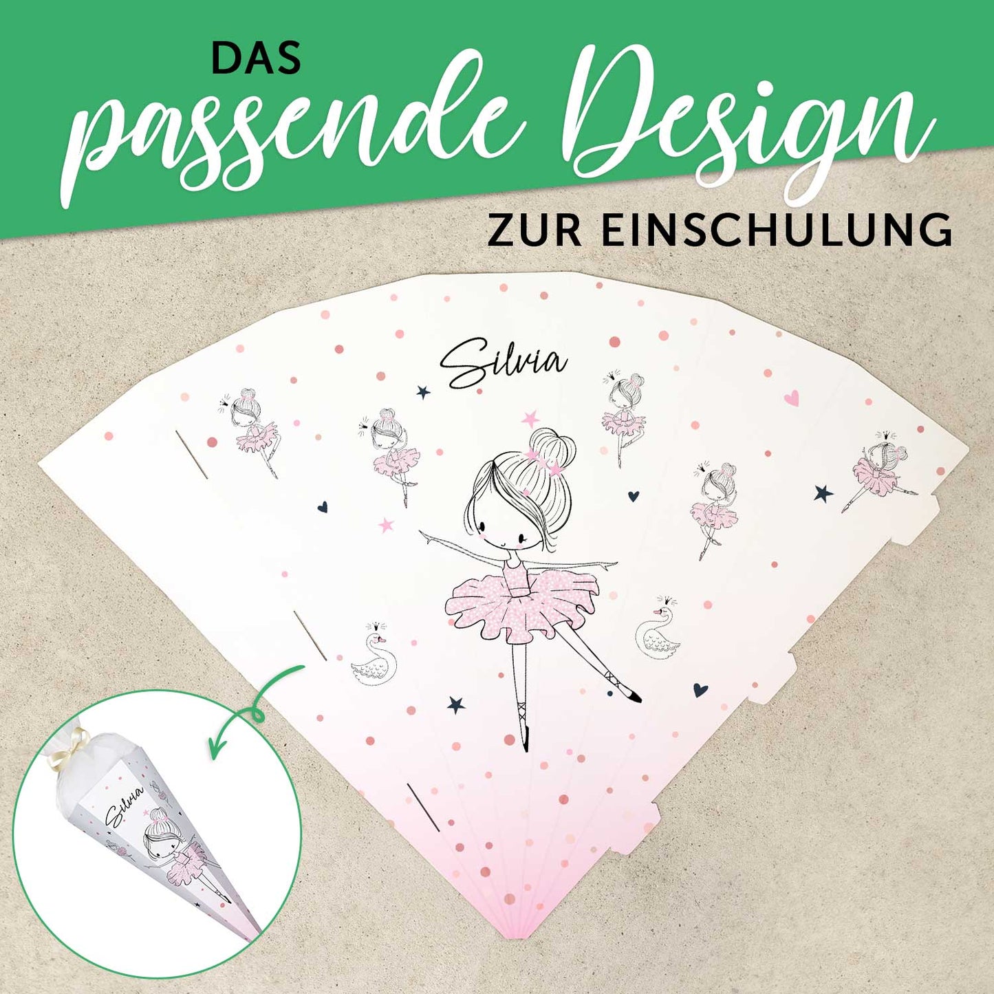 Bedruckte Schultüte mit Namen - Ballerina