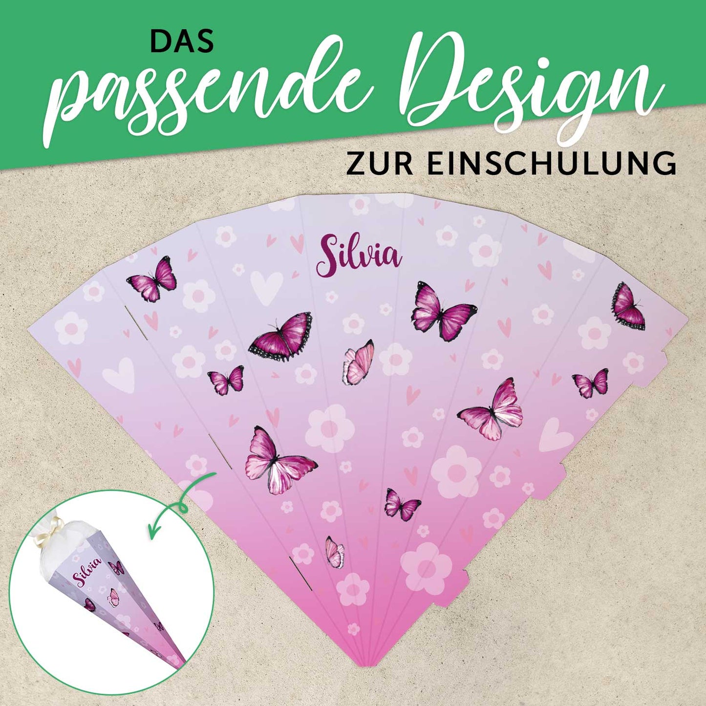 Bedruckte Schultüte mit Namen - Schmetterling