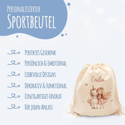 Turnbeutel mit Kindermotiv  - Prinzessin & Einhorn - für Kinder