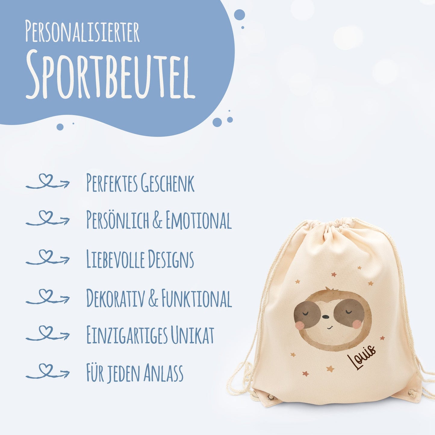 Turnbeutel mit Kindermotiv  - Tierköpfe - für Kinder
