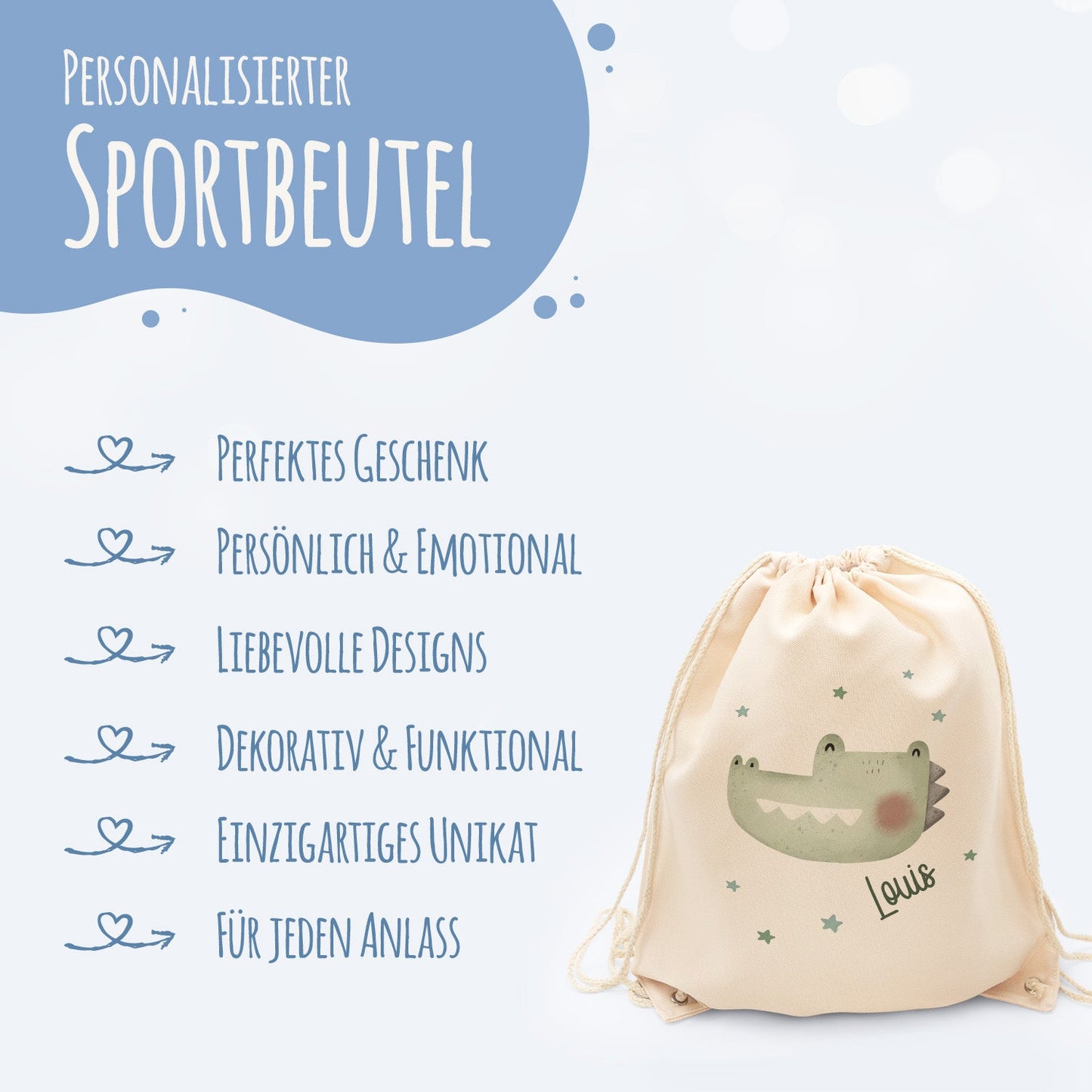 Turnbeutel mit Kindermotiv  - Tierköpfe - für Kinder