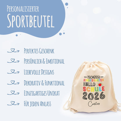 Turnbeutel für Kinder - Tschüss Kindergarten Hallo Schule - zur Einschulung