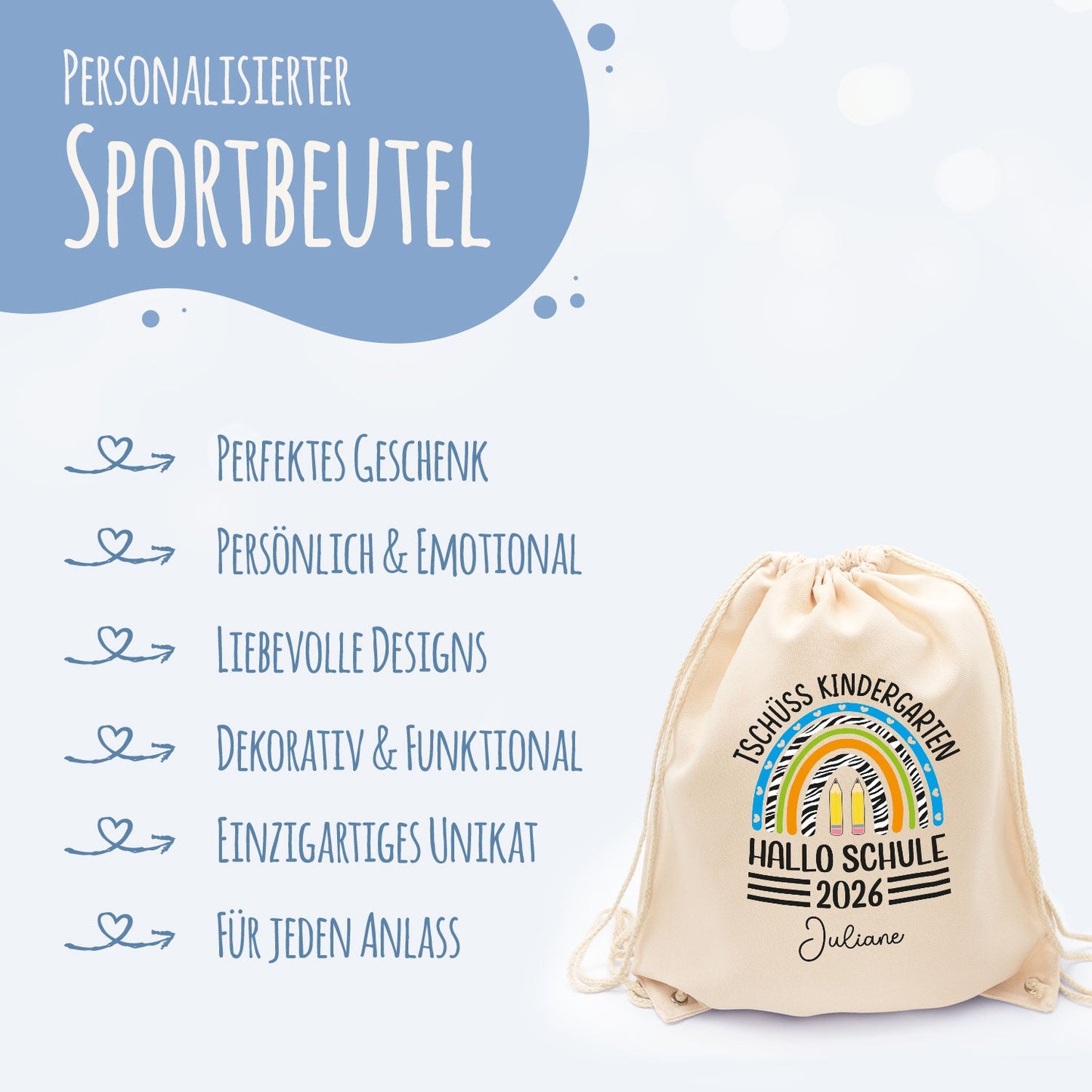 Turnbeutel für Kinder - Tschüss Kindergarten Regenbogen - zur Einschulung