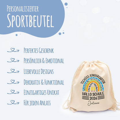 Turnbeutel für Kinder - Tschüss Kindergarten Regenbogen - zur Einschulung