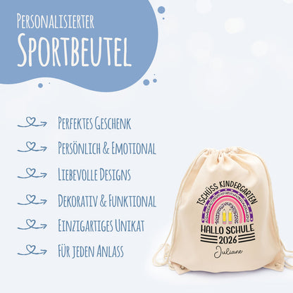 Turnbeutel für Kinder - Tschüss Kindergarten Regenbogen - zur Einschulung