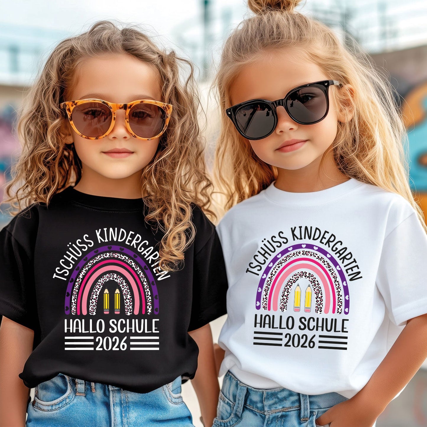 Bedrucktes T-Shirt für Kinder - Tschüss Kindergarten Regenbogen Blau