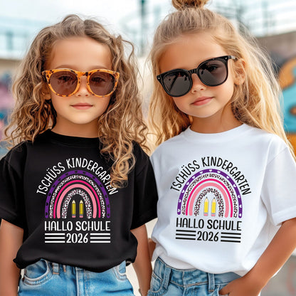 Bedrucktes T-Shirt für Kinder - Tschüss Kindergarten Regenbogen Blau