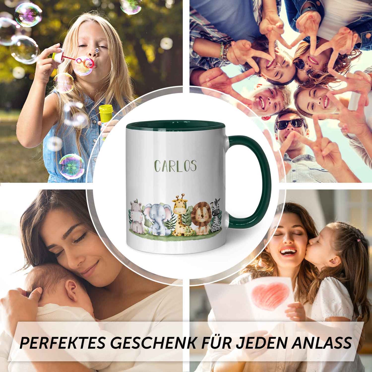 Bedruckte Tasse mit Name - Tiergruppe Safari