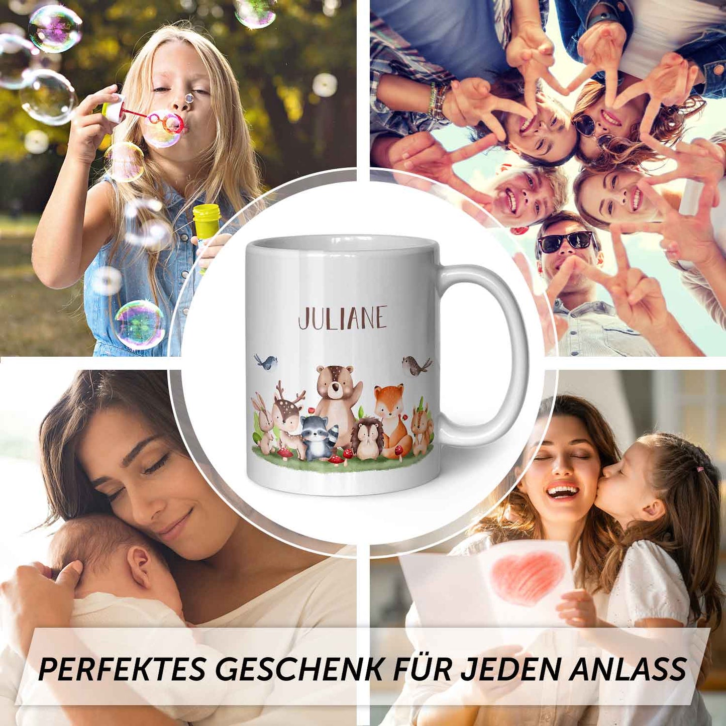 Bedruckte Tasse mit Name - Tiergruppe Wald