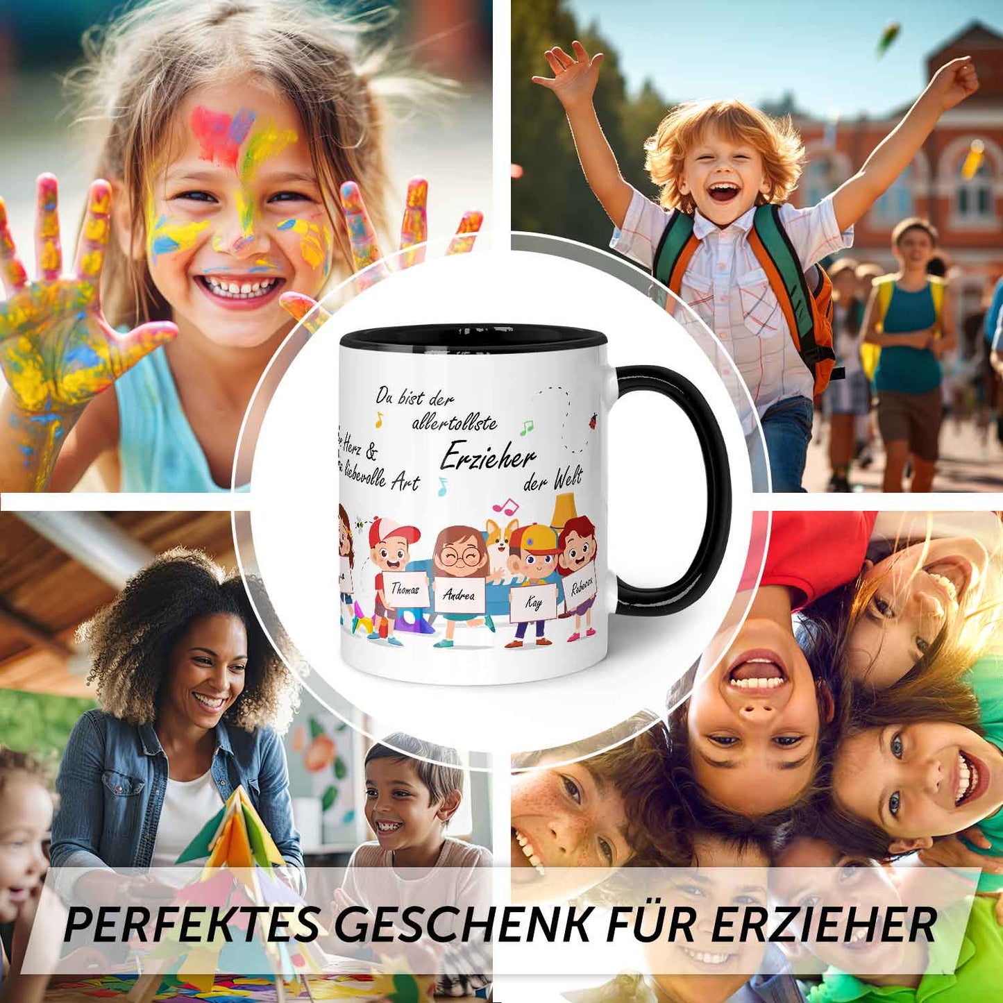 Bedruckte Tasse mit Spruch Erzieher/in Abschied mit Schildern für bis zu 10 Namen