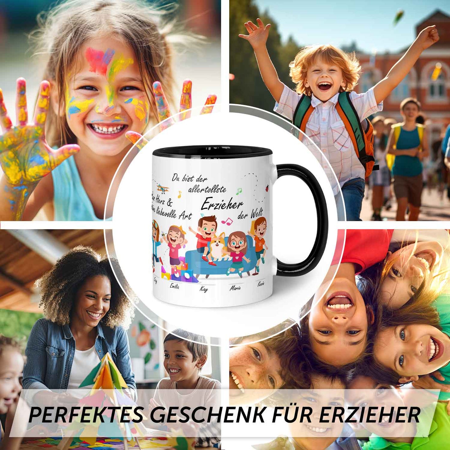 Bedruckte Tasse mit Spruch Erzieher/in Abschied mit springenden Kindern