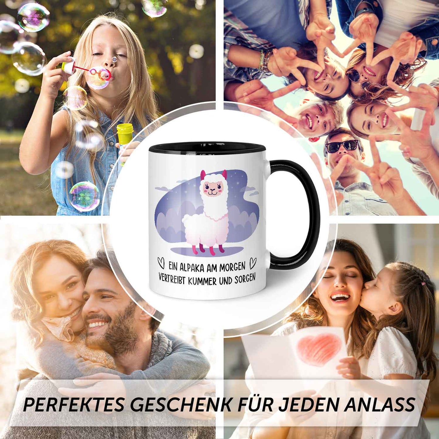 Bedruckte Tasse mit Spruch Alpaka am Morgen