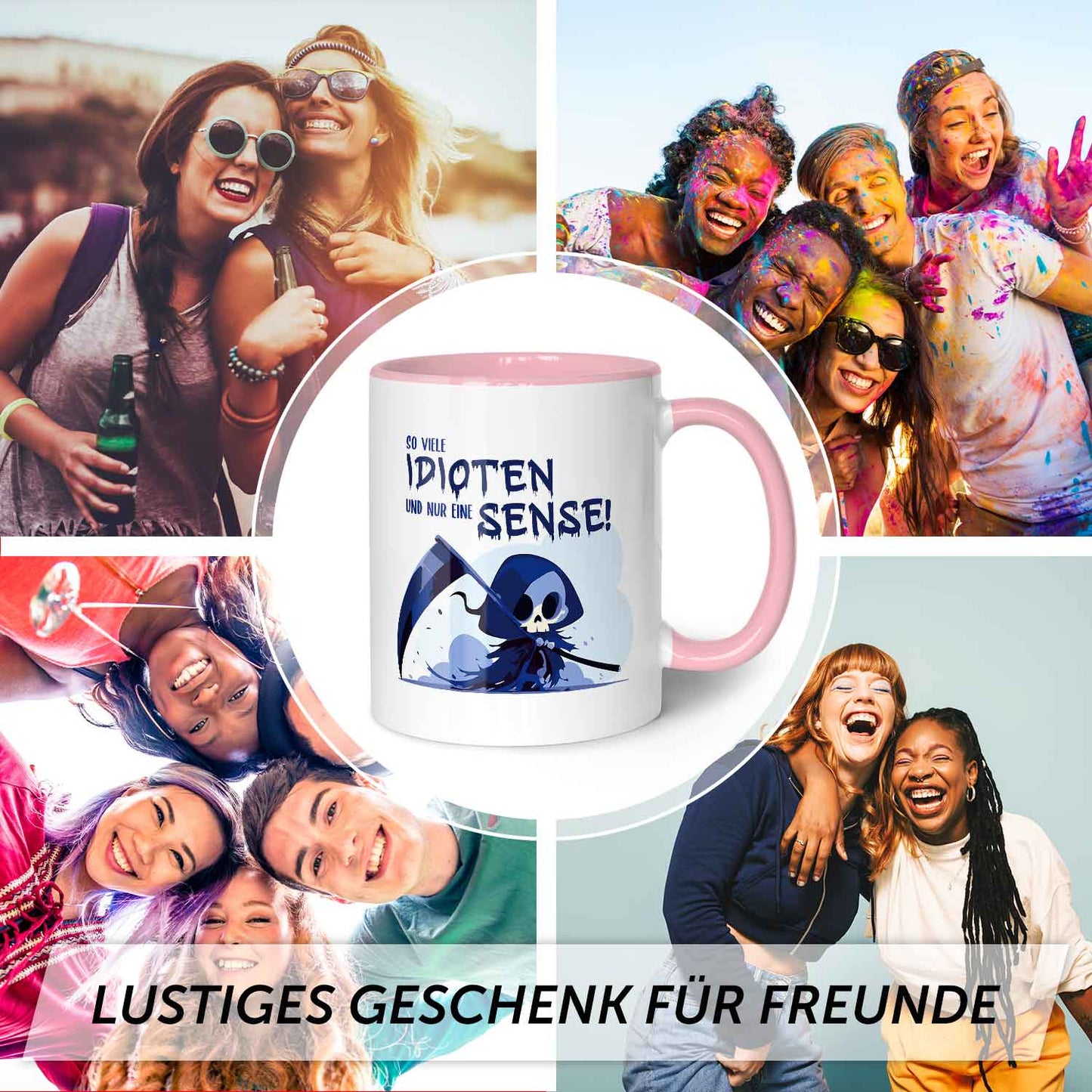 Bedruckte Tasse mit Spruch in blau - So viele Idioten und nur eine Sense