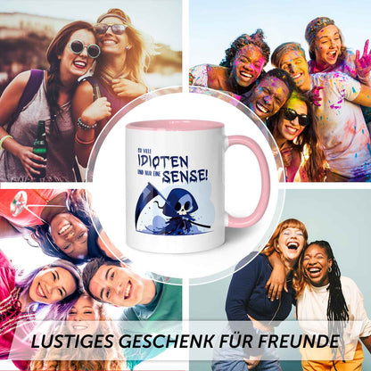 Bedruckte Tasse mit Spruch in blau - So viele Idioten und nur eine Sense