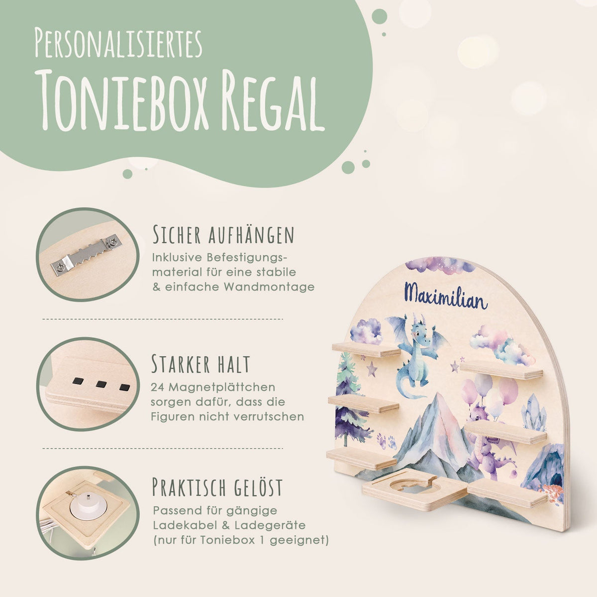 Toniebox Regal für Kinderzimmer - Drache - Personalisiert mit Namen