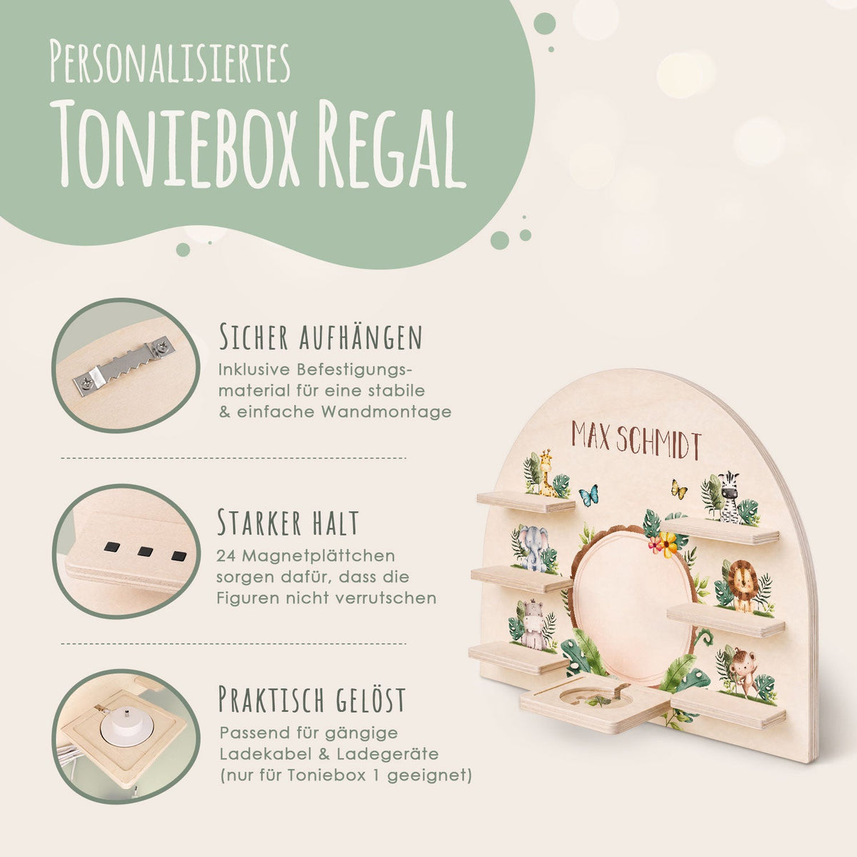 Toniebox Regal für Kinderzimmer - Tiergruppe Safari - Personalisiert mit Namen