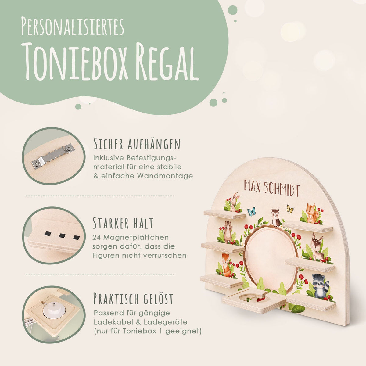 Toniebox Regal für Kinderzimmer - Tiergruppe Wald - Personalisiert mit Namen