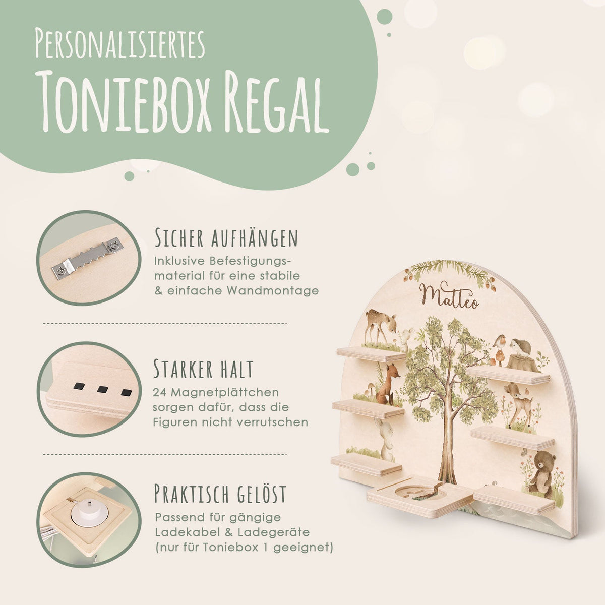 Toniebox Regal für Kinderzimmer - Waldtiere - Personalisiert mit Namen