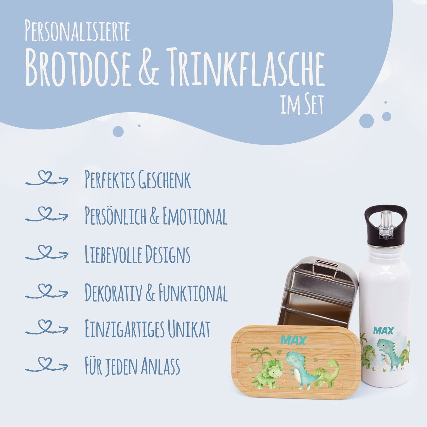 Bedruckte Brotdose & Trinkflasche im Set - Dino