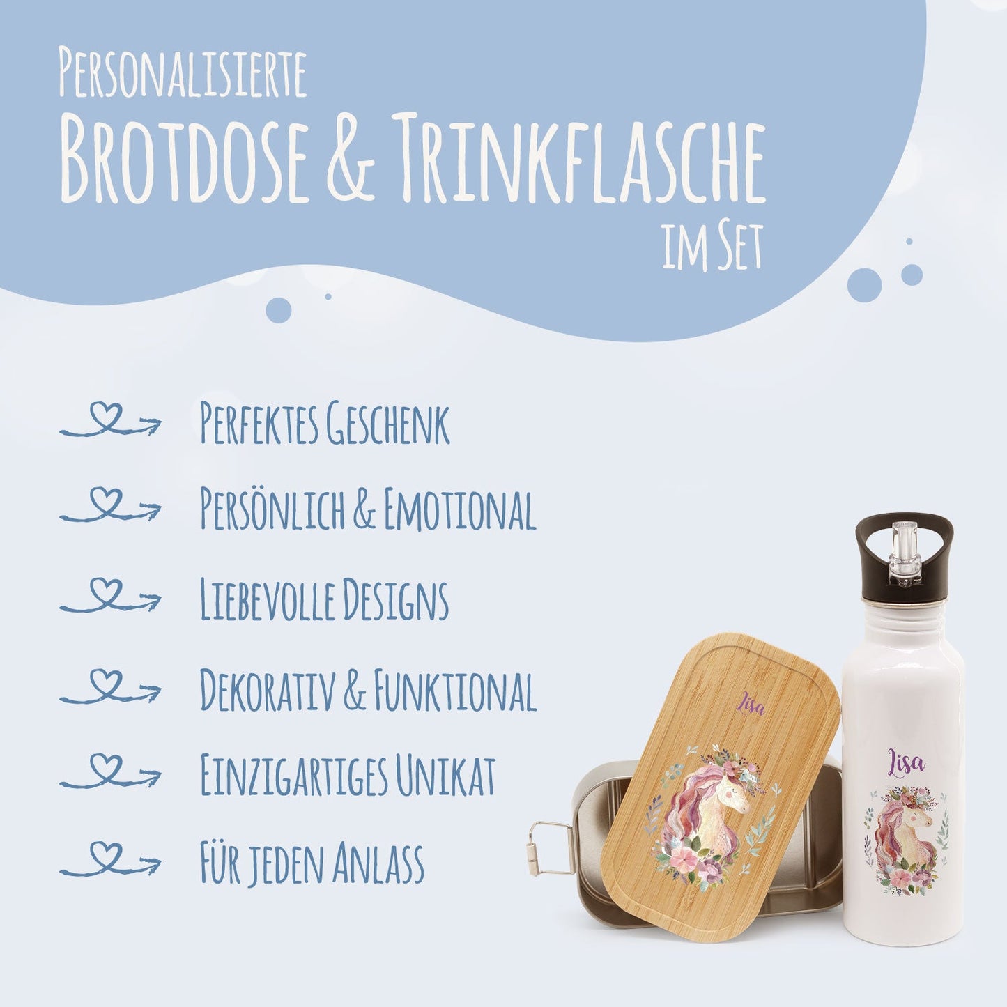 Bedruckte Brotdose & Trinkflasche im Set - Einhorn V2