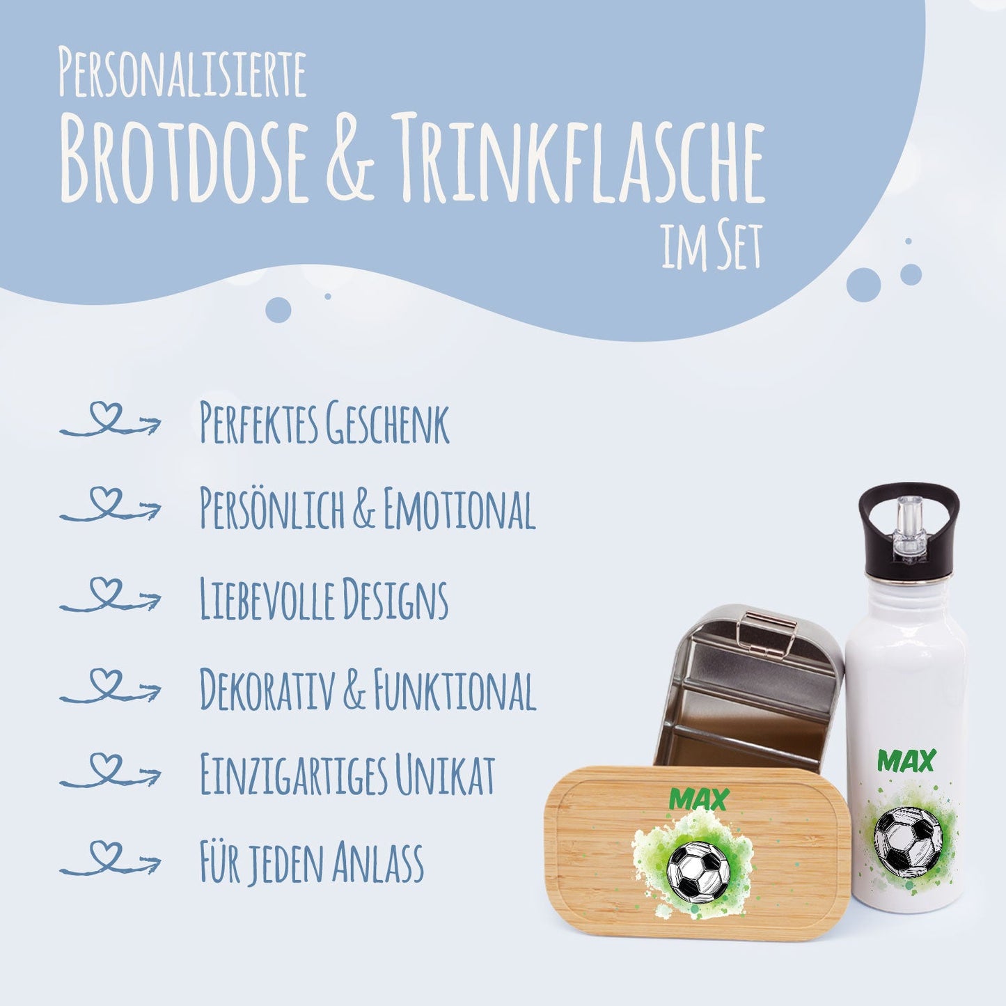 Bedruckte Brotdose & Trinkflasche im Set - Fussball