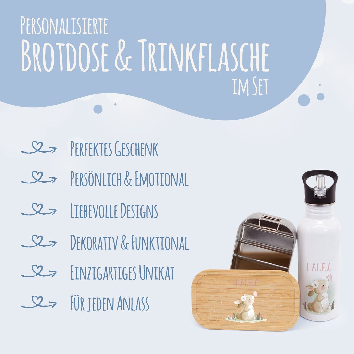 Bedruckte Brotdose & Trinkflasche im Set - Hase