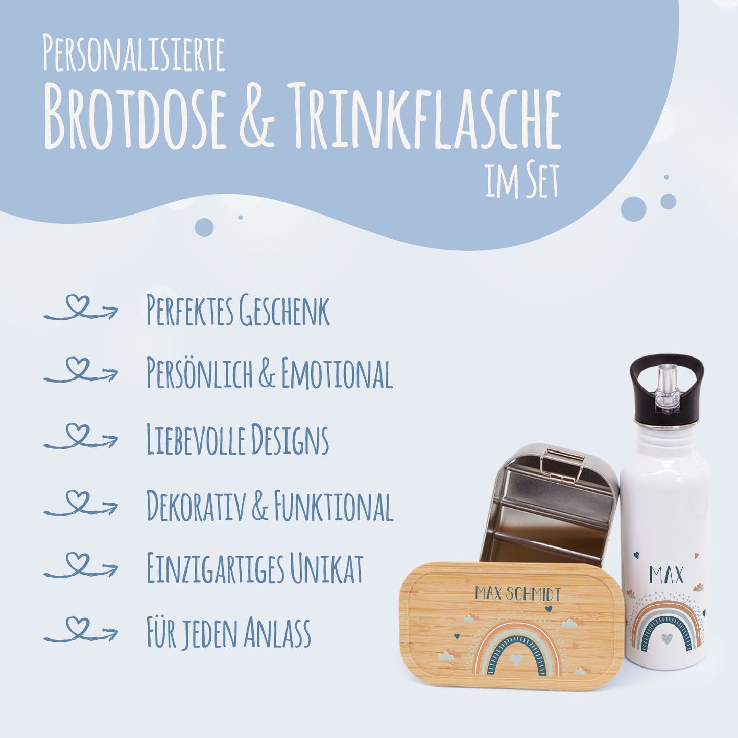 Bedruckte Brotdose & Trinkflasche im Set - Regenbogen