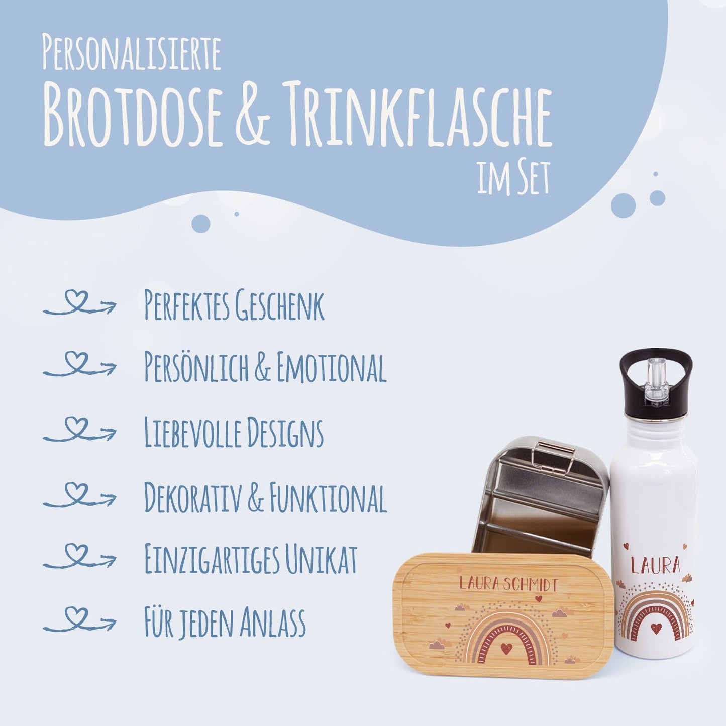 Bedruckte Brotdose & Trinkflasche im Set - Regenbogen