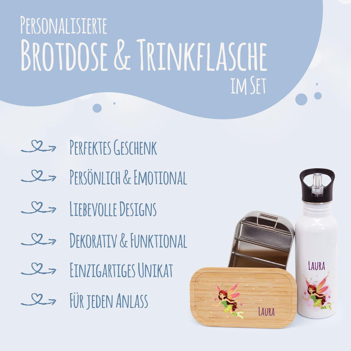 Bedruckte Brotdose & Trinkflasche im Set - Zauberfee