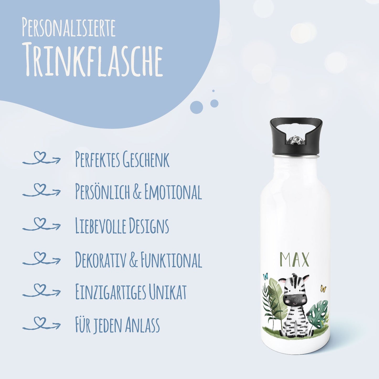 Bedruckte Trinkflasche aus Edelstahl - Tiergruppe